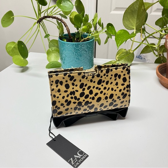ZAC POSEN “Milla” Small Frame Animal Print Coated Clutch with Bow Accent Bottom - Picture 14 of 14